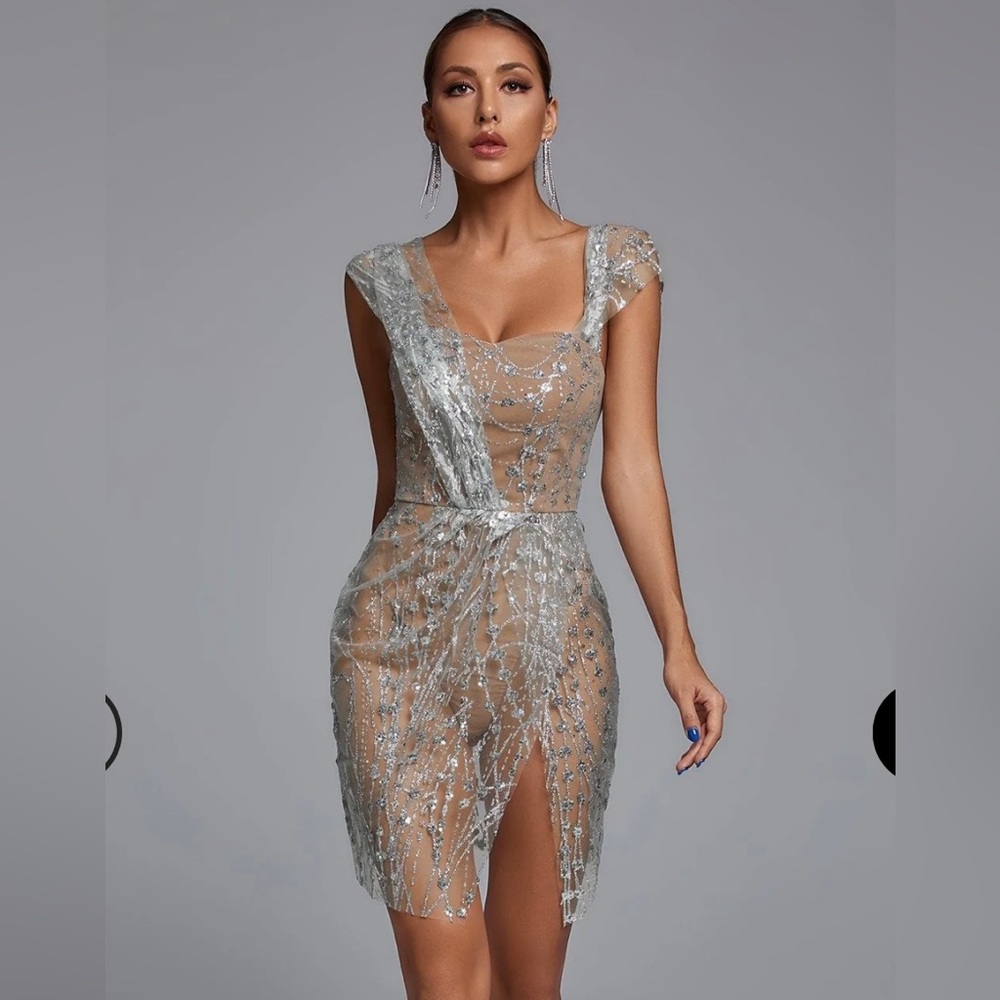 Sedaya Glitter Mesh Mini Dress - Silver
